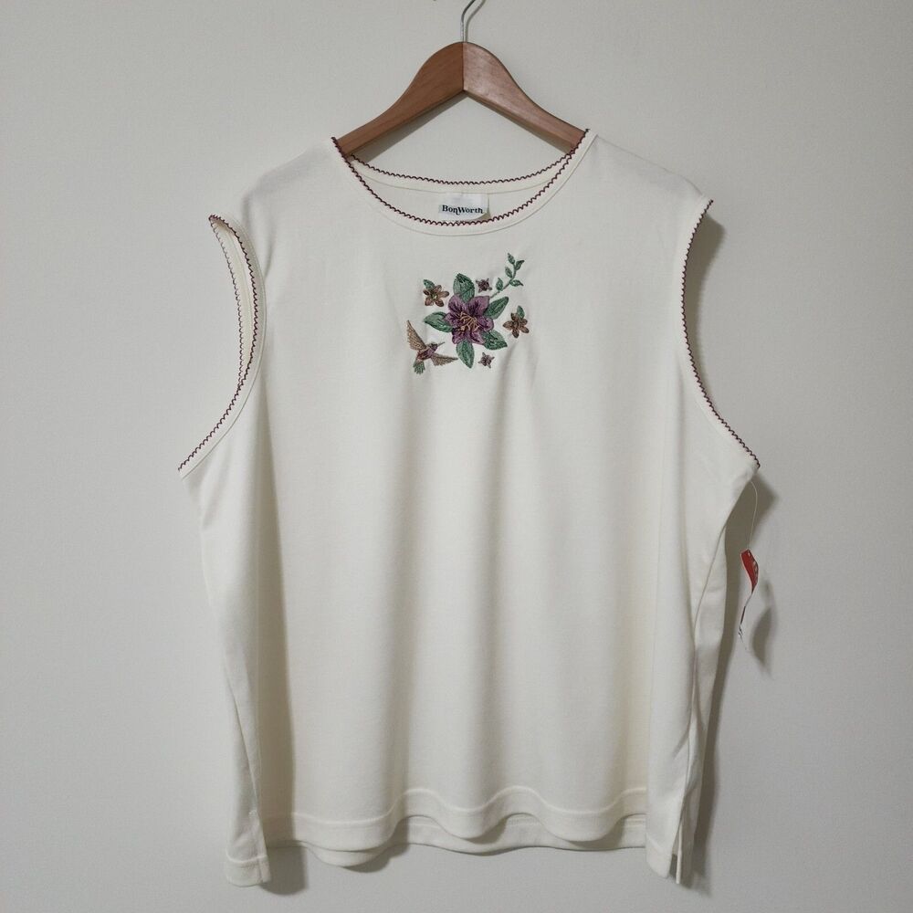 NWT BonWorth Petite Womens Embroidered Sleeveless T-Shirt Top Size PXL Ivory